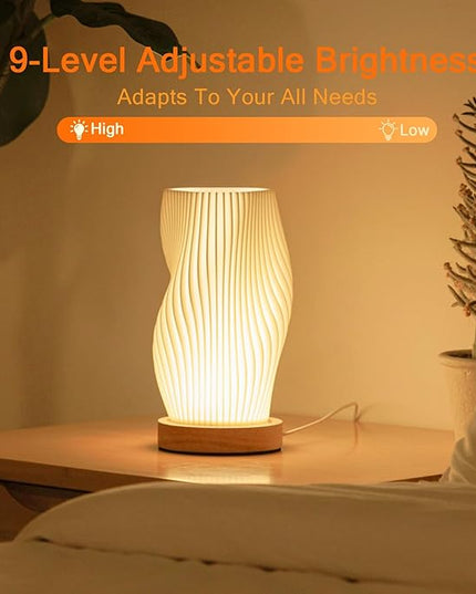Bedside Lamps for Bedroom Nightstand Lamp,Vintage Style Striped Small Night Light Lamp,Gold Mini Modern Lamp with Woodbase,Gold Mini Table Lamp LED Lights for Living Room,Dorm,Kids Room,Office - LeafyLoom