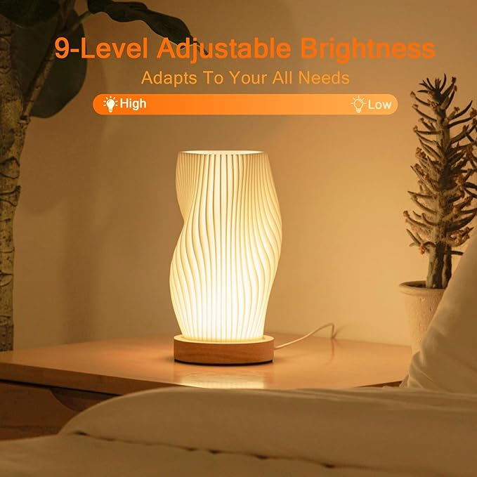 Bedside Lamps for Bedroom Nightstand Lamp,Vintage Style Striped Small Night Light Lamp,Gold Mini Modern Lamp with Woodbase,Gold Mini Table Lamp LED Lights for Living Room,Dorm,Kids Room,Office - LeafyLoom