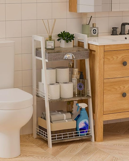 keomaisyto 3-Tier Bathroom Ladder Shelf, Floor Storage Shelf with Drawer, Freestanding Open Tower Shelving Unit for Bathroom Living Room Balcony（White） - LeafyLoom