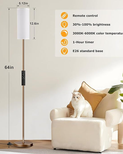 Ambimall 64'' Floor Lamps for Living Room with Remote Control and Stepless Dimmable Colors Temperature & Brightness, 9W Bulb Included(White Lampshade & Brown Pole) - LeafyLoom