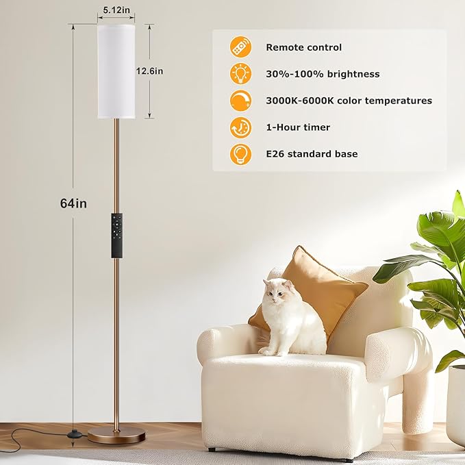 Ambimall 64'' Floor Lamps for Living Room with Remote Control and Stepless Dimmable Colors Temperature & Brightness, 9W Bulb Included(White Lampshade & Brown Pole) - LeafyLoom