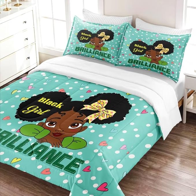 Black Girl Comforter Set Full for Kids Teens Youth,Black Girl Magic Bedding Set,African American Girl Inspirational Quotes Comforter Set,Black Princess Bed Bedroom Set - LeafyLoom