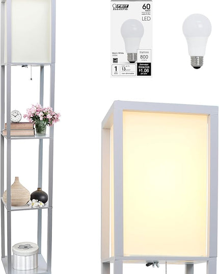 Simple Designs LF1014-GRY-LB Three Shelf Etagere Organizer Storage Floor Lamp with White Linen Shade for Living Room, Bedroom, Office, Hallway, Gray, with Feit LED Bulb Included - LeafyLoom
