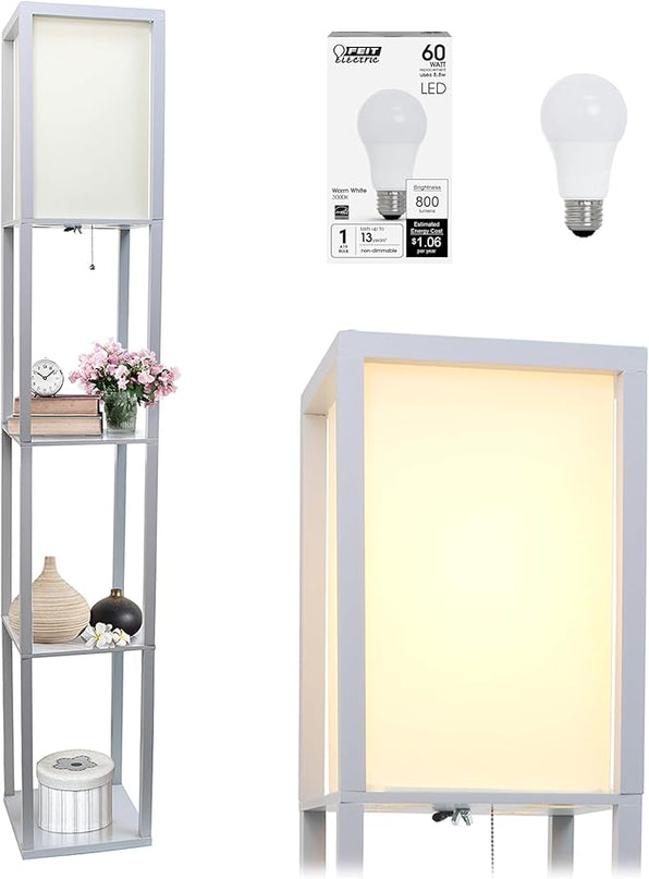 Simple Designs LF1014-GRY-LB Three Shelf Etagere Organizer Storage Floor Lamp with White Linen Shade for Living Room, Bedroom, Office, Hallway, Gray, with Feit LED Bulb Included - LeafyLoom