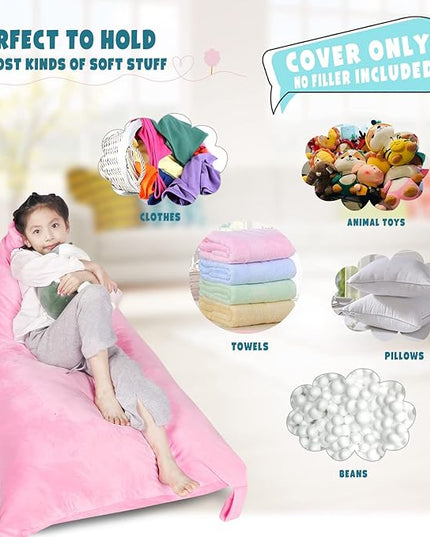Stuffed Animal Storage Bean Bag Chair Cover, Velvet Pink Plush Toy Storage Stuff and Sit Seat Organizer for Kids/Teens/Adults, 52" x 31" Extra Large Triangle Floor Sofa, 200L/52Gal,Cover Only - LeafyLoom