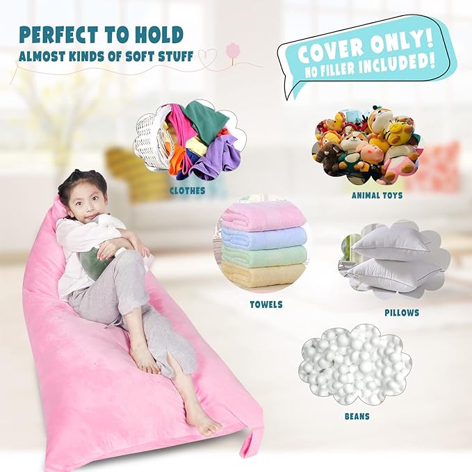 Stuffed Animal Storage Bean Bag Chair Cover, Velvet Pink Plush Toy Storage Stuff and Sit Seat Organizer for Kids/Teens/Adults, 52" x 31" Extra Large Triangle Floor Sofa, 200L/52Gal,Cover Only - LeafyLoom