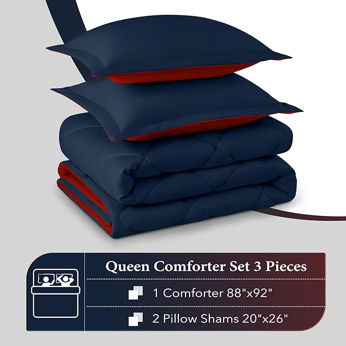 downluxe Queen Comforter Set - Red and Navy Queen Comforter, Soft Bedding Sets for All Seasons -3 Pieces - 1 Comforter (88"x92") and 2 Pillow Shams(20"x26") - LeafyLoom