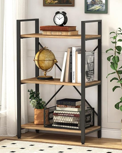 BON AUGURE Industrial 3 Tier Bookshelf, Rustic Small Book Shelves for Small Spaces, Short Wood Metal Etagere Bookcase for Living Room, Bedroom and Office (Vintage Oak) - LeafyLoom