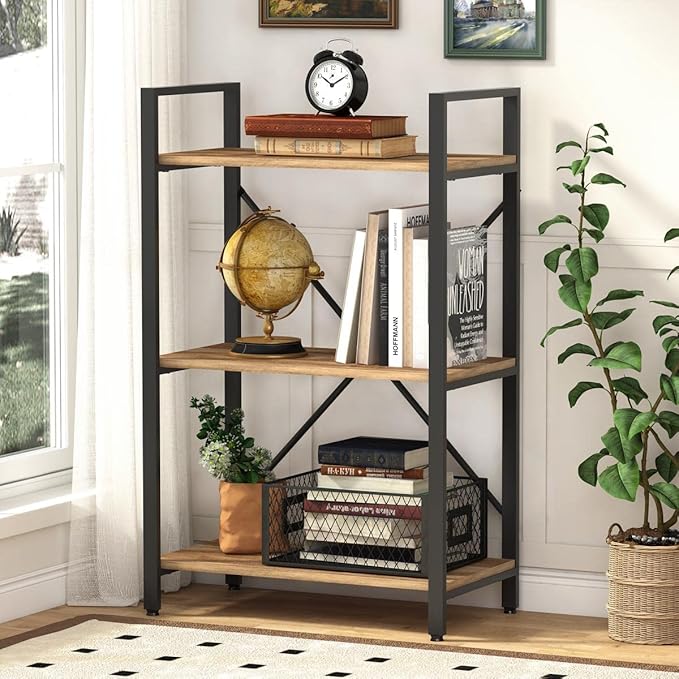 BON AUGURE Industrial 3 Tier Bookshelf, Rustic Small Book Shelves for Small Spaces, Short Wood Metal Etagere Bookcase for Living Room, Bedroom and Office (Vintage Oak) - LeafyLoom