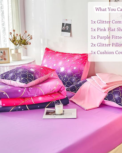 URBONUR 6Pcs Twin Comforter Set for Girls Pink and Purple Mermaid Printed Kids Bedding Set, Soft Microfber Gilrs Twin Bed Sets - LeafyLoom