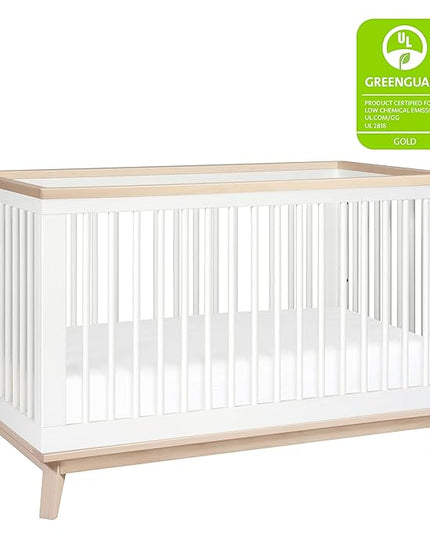 Babyletto Scoot 3-in-1 Convertible Crib with Toddler Bed Conversion Kit in White and Washed Natural, Greenguard Gold Certified - LeafyLoom