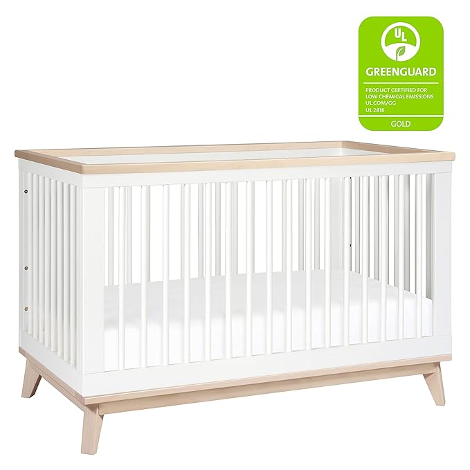 Babyletto Scoot 3-in-1 Convertible Crib with Toddler Bed Conversion Kit in White and Washed Natural, Greenguard Gold Certified - LeafyLoom