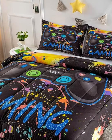 Gamer Comforter Sets for Teen Boys,Gaming Bedding Sets Queen,Video Game Bedspread,Game Gamepad Bed Set,Controller Bedding Gamer Home Decor 3 Piece 1 Comforter and 2 Pillowcases - LeafyLoom