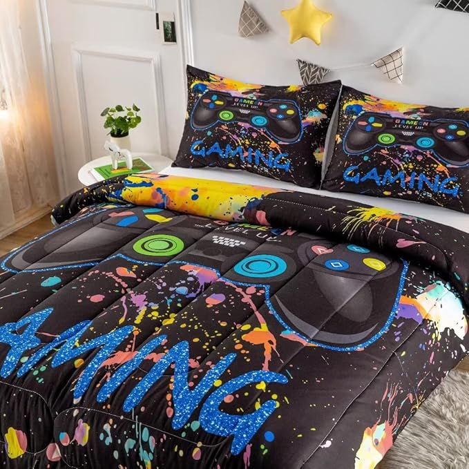 Gamer Comforter Sets for Teen Boys,Gaming Bedding Sets Full,Video Game Bedspread,Game Gamepad Bed Set,Controller Bedding Gamer Home Decor 3 Piece 1 Comforter and 2 Pillowcases - LeafyLoom