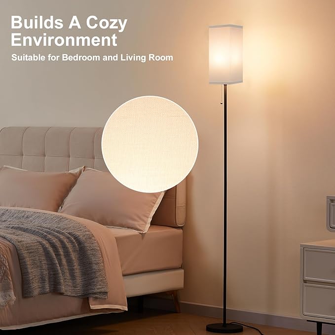 Floor Lamps for Living Room Modern - 3 Color Temperature Black Standing Lamps with Pull Chain Switch, Tall Lamp for Office Home Nursery and Hotel, Pole Lamp with White Lampshade for Reading - LeafyLoom