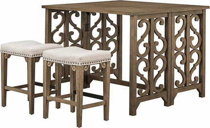 Extendable Dining 3-Piece Retro Solid Wood Counter Height Pub Set with Foldable Table and 2 Saddle Stools Brown for Kitchen and Small Spaces,Distressed - LeafyLoom
