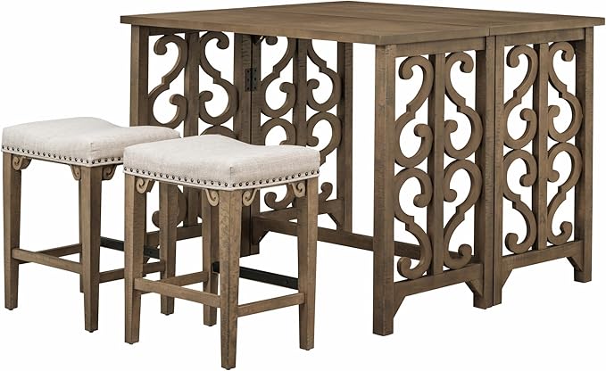 Extendable Dining 3-Piece Retro Solid Wood Counter Height Pub Set with Foldable Table and 2 Saddle Stools Brown for Kitchen and Small Spaces,Distressed - LeafyLoom
