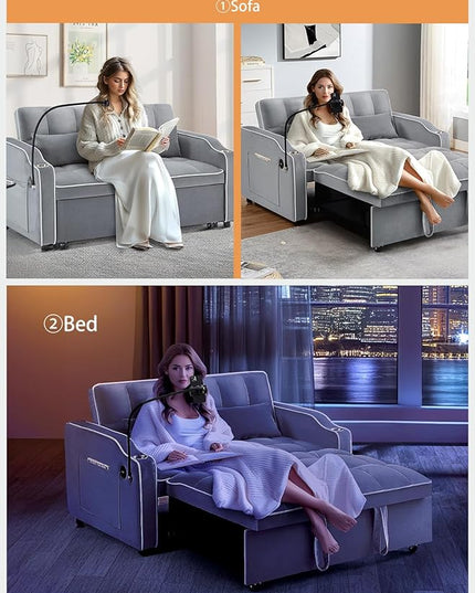 55" Full Size Pull Out Couch, 3 in 1 Convertible Futon Sofa Bed, Velvet Loveseat Sofa Cama, Foldable Lounge Sleeper Sofa with Pullout Bed, Small Couch for Living Room, Type C & USB Port - LeafyLoom