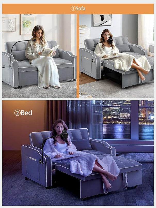 55" Full Size Pull Out Couch, 3 in 1 Convertible Futon Sofa Bed, Velvet Loveseat Sofa Cama, Foldable Lounge Sleeper Sofa with Pullout Bed, Small Couch for Living Room, Type C & USB Port - LeafyLoom
