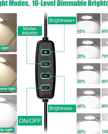 10X Magnifying Glass with Light Hand Free, HITTI 3 Color Stepless Dimmable Magnifying Lamp, 2-in-1 Lighted Deak Lamp & Clamp, Magnifier with Light and Stand for Crafts Reading Close Workbench Repair - LeafyLoom