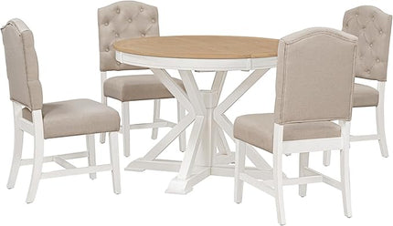 Small Dining Table Set for 4-6, Modern Round Extendable Table and Upholstered Chairs, X-Shaped Cross Base, Button Tufting Backrest, Retro Style Home Furniture for Small Spaces, Living Room - LeafyLoom