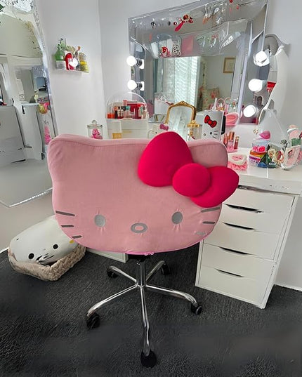Impressions Vanity Hello Kitty Kawaii Swivel Vanity Chair for Makeup Room, Adjustable Height Cute Desk Chair with Wheels Rolling, Comfy Polyurethane Foam Back Armless Chair for Dorm (Pink) - LeafyLoom