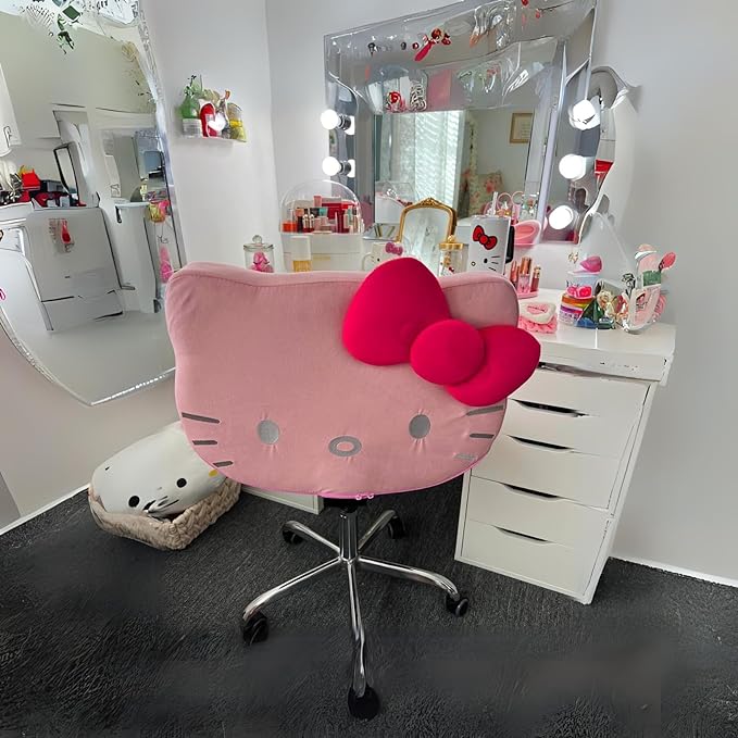 Impressions Vanity Hello Kitty Kawaii Swivel Vanity Chair for Makeup Room, Adjustable Height Cute Desk Chair with Wheels Rolling, Comfy Polyurethane Foam Back Armless Chair for Dorm (Pink) - LeafyLoom