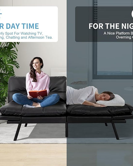 MUUEGM Futon Sofa Bed,Memory Foam Sofa Futon Couch Bed,Convertible 71" Couch Sofa,Faux Leather Sleeper Sofa with Adjustable Backrest for Living Room,Matte Black - LeafyLoom