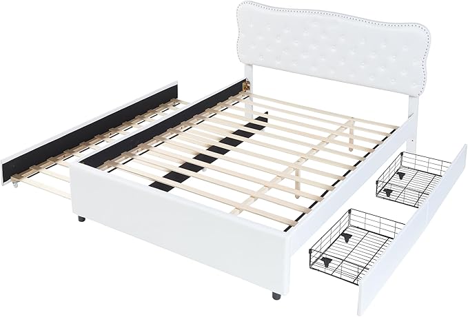 Queen Size Linen Upholstery Platform 2 Storage Drawers and Trundle,Solid Pine Wood Bedroom Bed Frame w/Headboard & Slat Support,for Kids Teens Adults,White - LeafyLoom