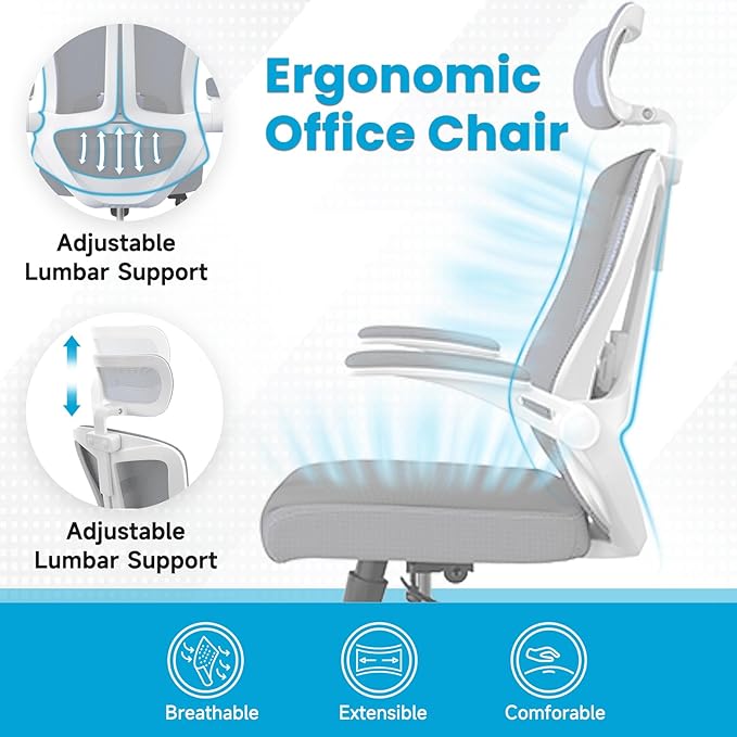 Ergonomic Office Chair - Comfy Desk Chairs with Wheels and Arms, 500LB Heavy Duty Mesh Computer Chairs with Comfortable Head Lumbar Back Support for Office, Study, College Dorm and Bedroom - LeafyLoom