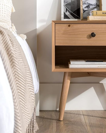 Walker Edison Mid Century Modern 1 Nightstand Bedroom Storage Drawer and Shelf Bedside End Table, 24 Inch, Natural Pine - LeafyLoom