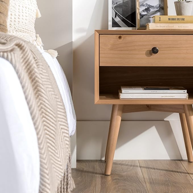 Walker Edison Mid Century Modern 1 Nightstand Bedroom Storage Drawer and Shelf Bedside End Table, 24 Inch, Natural Pine - LeafyLoom