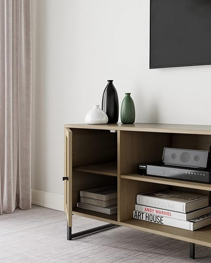 Nathan James 74101 Mina Modern TV Stand, Entertainment Cabinet, Media Console with a Natural Oak Wood Finish and Matte Black Accents with Storage Doors for Living Room or Media Room, Oak/Black - LeafyLoom