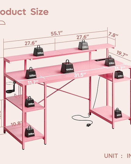 Bestier Pink Gaming Desk with Reversible Power Outlets, 55 inch LED Computer Desk with Monitor Stand & Adjustable Shelves, Writing Desk with Cup Holder & Hook for Home Office, Pink 3D Carbon Fiber - LeafyLoom