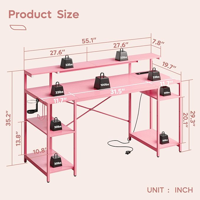 Bestier Pink Gaming Desk with Reversible Power Outlets, 55 inch LED Computer Desk with Monitor Stand & Adjustable Shelves, Writing Desk with Cup Holder & Hook for Home Office, Pink 3D Carbon Fiber - LeafyLoom