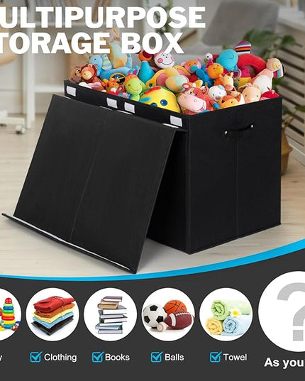 122L Large Toy Box Chest with Lid, Foldable Toy Storage Organizer Bin Boxes with Removable Divider for Kids, Boys, Girls, Nursery, Playroom, 26"x17" x17"(Linen Black) - LeafyLoom