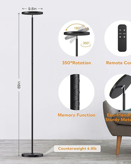 Floor Lamp,Bright 36W 3500LM Standing Lamp with Remote, 2700K Soft White to 6500K Cool White Adjustable,Touch Control Dimmable Torchiere Tall Lamp for Living Room,Bedroom,Office,Sofa(Black) - LeafyLoom