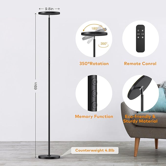 Floor Lamp,Bright 36W 3500LM Standing Lamp with Remote, 2700K Soft White to 6500K Cool White Adjustable,Touch Control Dimmable Torchiere Tall Lamp for Living Room,Bedroom,Office,Sofa(Black) - LeafyLoom