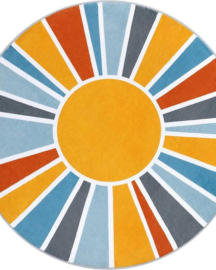 Topotdor Sun Rainbow Round Rug 4ft Boho Kids Nursery Rug, Colorful Washable Area Rug Ultra Soft Circle Classroom Rug Non-Slip for Bedroom Living Room Playroom Decor, Blue - LeafyLoom