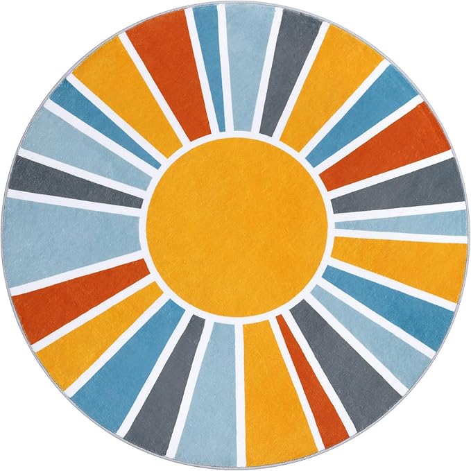 Topotdor Sun Rainbow Round Rug 4ft Boho Kids Nursery Rug, Colorful Washable Area Rug Ultra Soft Circle Classroom Rug Non-Slip for Bedroom Living Room Playroom Decor, Blue - LeafyLoom