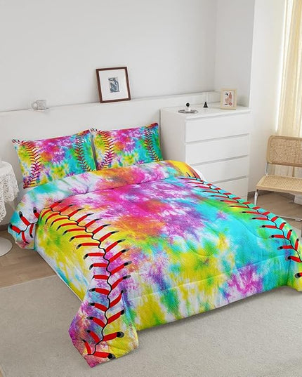 Feelyou Kids Baseball Comforter Boys Girls Softball Sports Game Comforter Set Girly Colorful Tie Dye Bedding Set Teens Men Baseball Gaming Quilt Set Rainbow Room Decor King Size for All Season 3Pcs - LeafyLoom