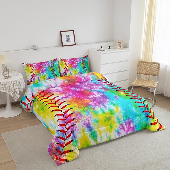 Feelyou Kids Baseball Comforter Boys Girls Softball Sports Game Comforter Set Girly Colorful Tie Dye Bedding Set Teens Men Baseball Gaming Quilt Set Rainbow Room Decor King Size for All Season 3Pcs - LeafyLoom