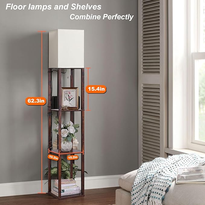 Floor Lamp with Shelves, Shelf Floor Lamps for Living Room with 3CCT LED Bulb, Modern Corner Square Display Standing Lamp with 4-Tier Tall Bookshelf Lamp for Bedroom Office - LeafyLoom