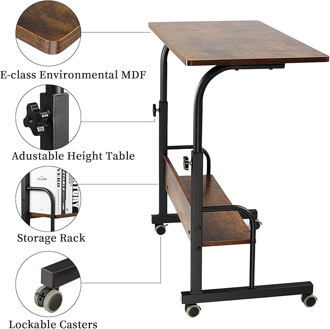 SIDUCAL Portable Laptop Desk, Mobile Laptop Cart Adjustable Height, Rolling Laptop Stand for Desk, Rolling Computer Cart with Wheels, Couch Desk Bed Desk for Laptop and Writing, 31.5'' Rustic Brown - LeafyLoom
