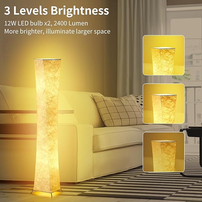 chiphy Floor Lamp, Dimmable 52" (S) Tall Standing Lamp, 3 Levels Adjustable Brightness 12Wx2 LED Bulbs, Column Floor Lamps, White Fabric Shade, Home Decor for Living Room, Bedroom, Kids Room - LeafyLoom