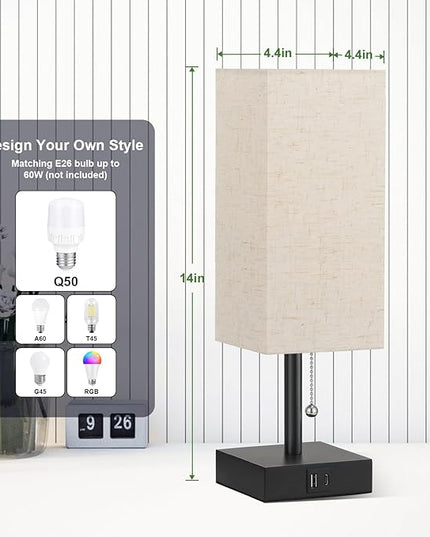 aooshine Bedside Lamps Set of 2 - Beige, USB A and USB C Charging, Pull Chain Control, Bulb NOT Included, Small - LeafyLoom