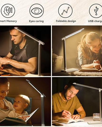 LED Desk Lamp with USB Port: Eye-Caring Office Desk Lamp with USB Charging Port 6-Level Brightness 5 Color Modes Touch Control Dimmable Portable Desk Light for College Dorm Room Home Office - LeafyLoom
