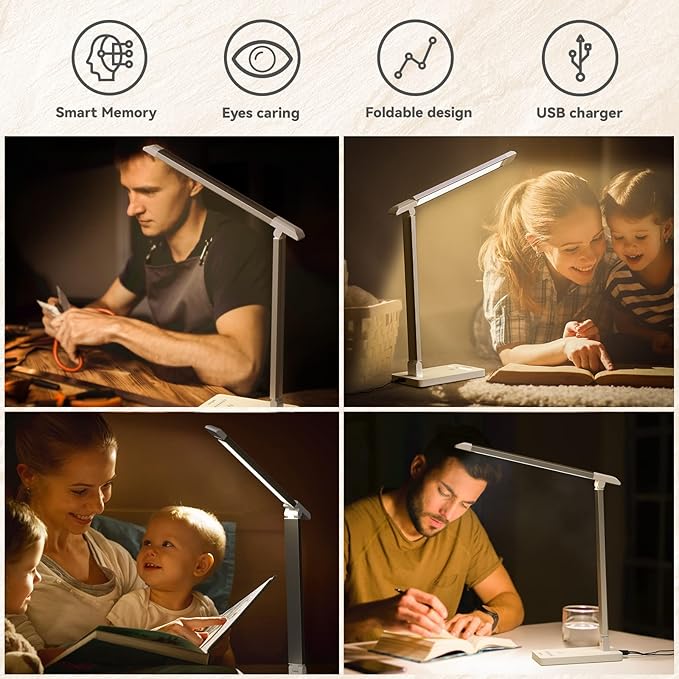 LED Desk Lamp with USB Port: Eye-Caring Office Desk Lamp with USB Charging Port 6-Level Brightness 5 Color Modes Touch Control Dimmable Portable Desk Light for College Dorm Room Home Office - LeafyLoom