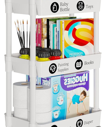 3-Tier Storage Cart,Multifunction Kitchen Storage Organizer,Mobile Shelving Unit Utility Rolling Cart with Lockable Wheels for Bathroom,Laundry,Living Room,With Classified Stickers,White - LeafyLoom