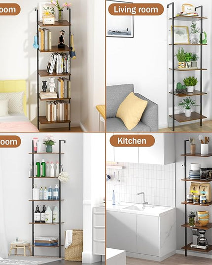 5 Tier Ladder Shelf with 2 Hooks, Modern Metal Wood Bookcase Shelf, Wall Mounted Bookshelf, Standing Display Storage Organizer for Home, Office, Kitchen, Living Room, Bedroom - LeafyLoom